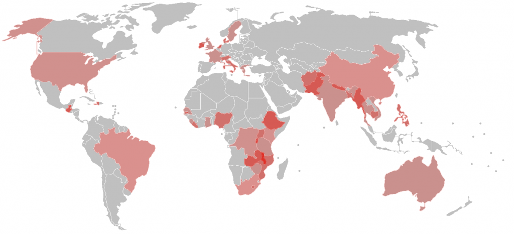 A world map with countries highlighted in various shades of red to show where ActionAid operates.