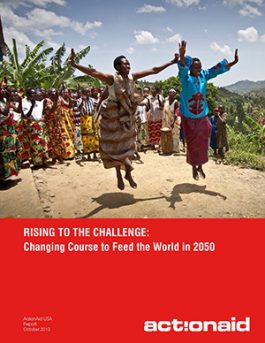 A photo of two Rwandan women jumping in midair, while a group of women are cheering behind them. Below the photo are the words "RISING TO THE CHALLENGE" and "Changing Course to Feed the World in 2050"