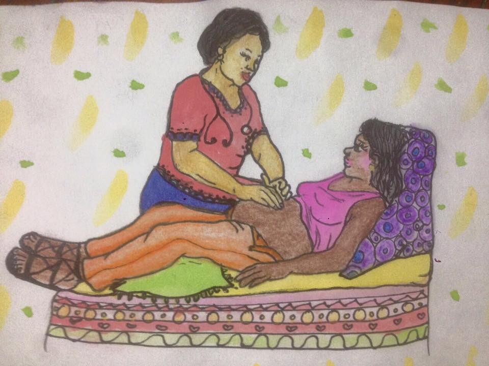 A drawing from Frontier Midwives: a midwife places her hand on the belly of her patient.