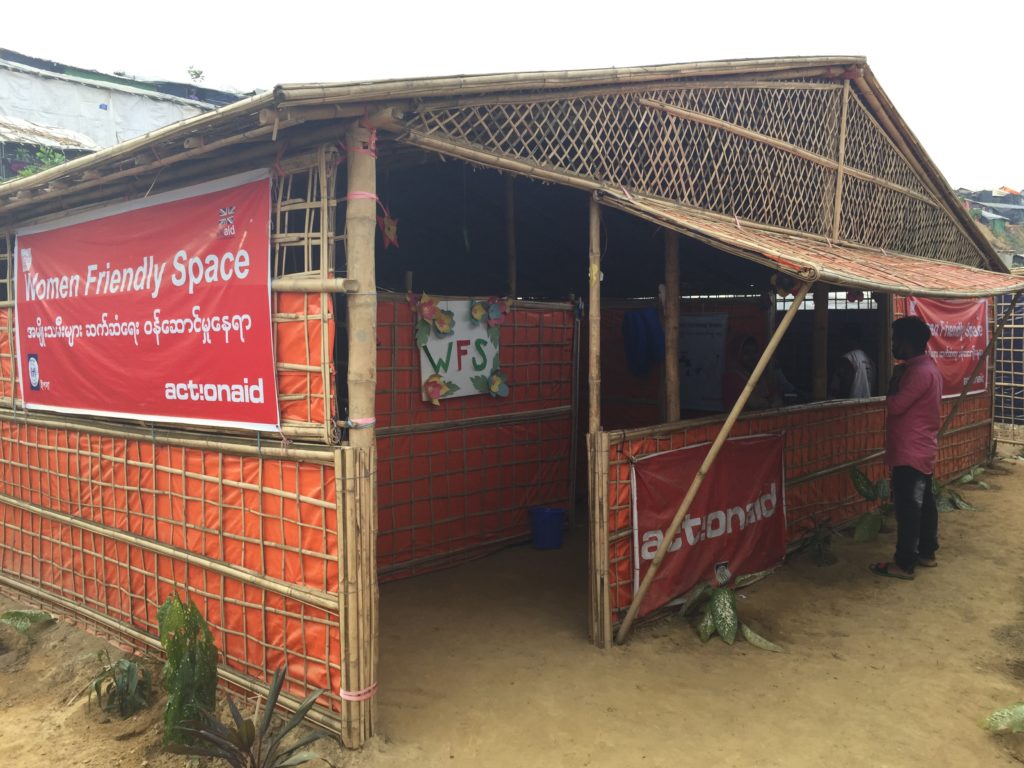 A bamboo structure with a large red sign saying "Women Friendly Space" - for Rohingya women refugees.