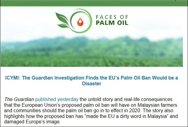 Screenshot of an email from Malaysian palm oil companies