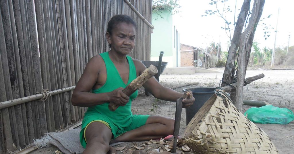 An indigenous woman in Brazil is breaking open babassu nuts. Communities like hers are seeing their livelihoods impacted by agribusinesses, including those linked to World Bank land projects.