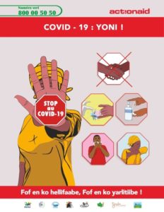 A public service graphic with the ActionAid logo and a person with their palm up, blocking their face. A stop sign overlays the palm with text that reads: “STOP au COVID-19”