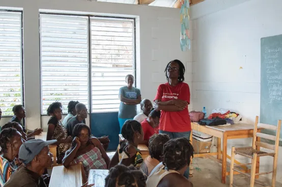 Yolette Etienne, who leads ActionAid Haiti, addresses a focus group in the village of Jérémie. Photo: Dylan Roberts/FreeSociety/ActionAid